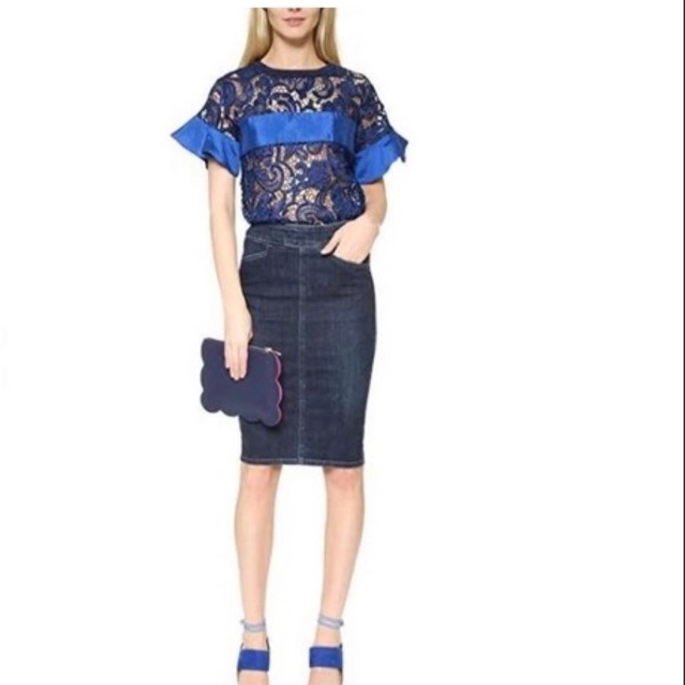 GORG wore once Three Floor Frontier blue lace Top RARE sz Medium, ruffle sleeve